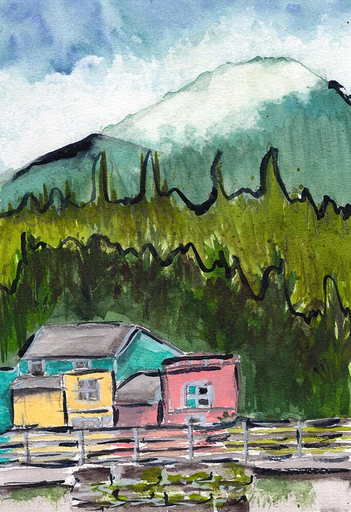 ketchikan watercolor, ink, and graphite Brightly colored buildings dotted the mountains and channel in this charming fishing village.