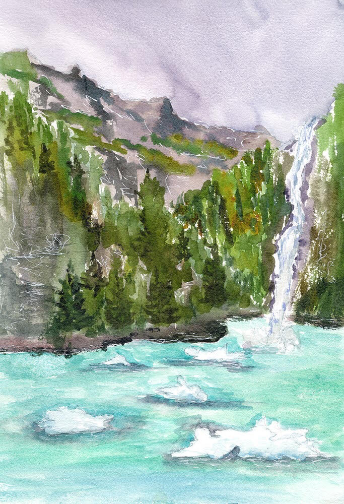 along the endicott arm watercolor and ink Icebergs and waterfalls lined the passage, and the water was an unearthly turquoise from the glacial silt