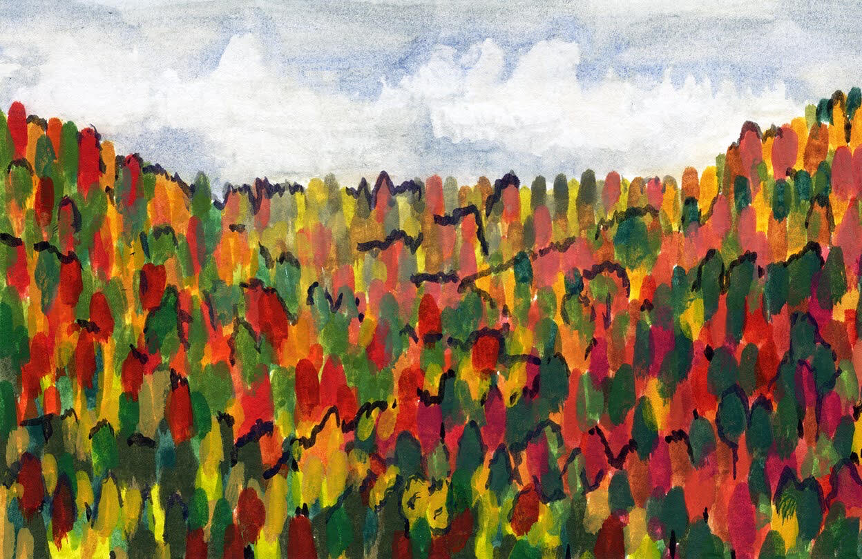 A sea of color, Franklin, NC gouache on hot press The mountain views were an endless sea of changing colors.