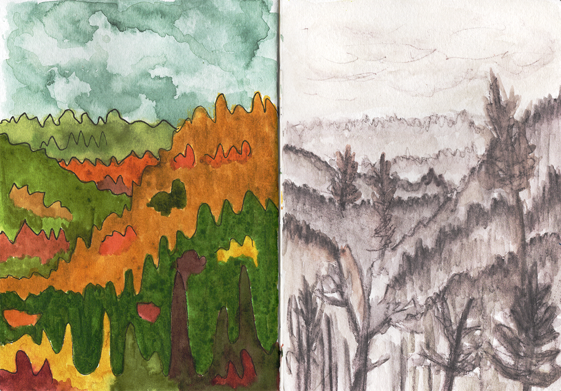 Same scene, two ways, Appalachian Trail gouache/ink, graphite on fine grain Some quick sketches as I play with the same scene in different styles.