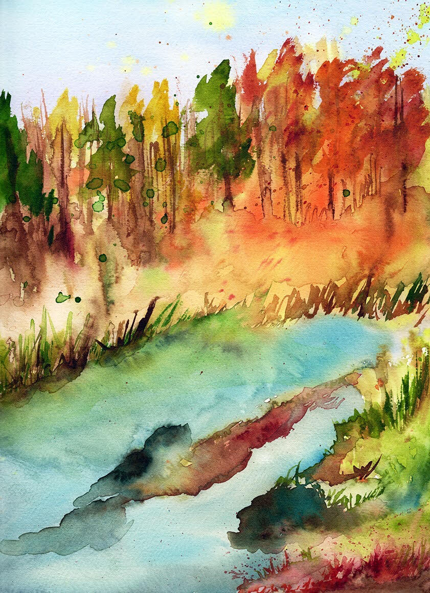 Along the Tuckasegee River watercolor on cold press cotton Fall colors and misty skies as we stopped in Dillsboro to see the river.