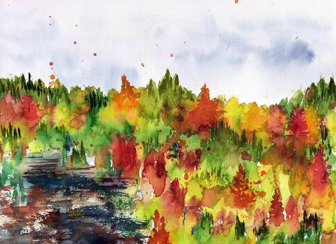 A mountainside view of Tallulah Gorge watercolor on cold press cotton Fall colors paint the mountainside above the river gorge.