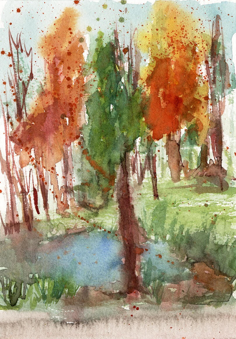 Changing of the leaves, Franklin, NC watercolor on cold press cotton A first attempt using an easel and proper brushes in the wild.
