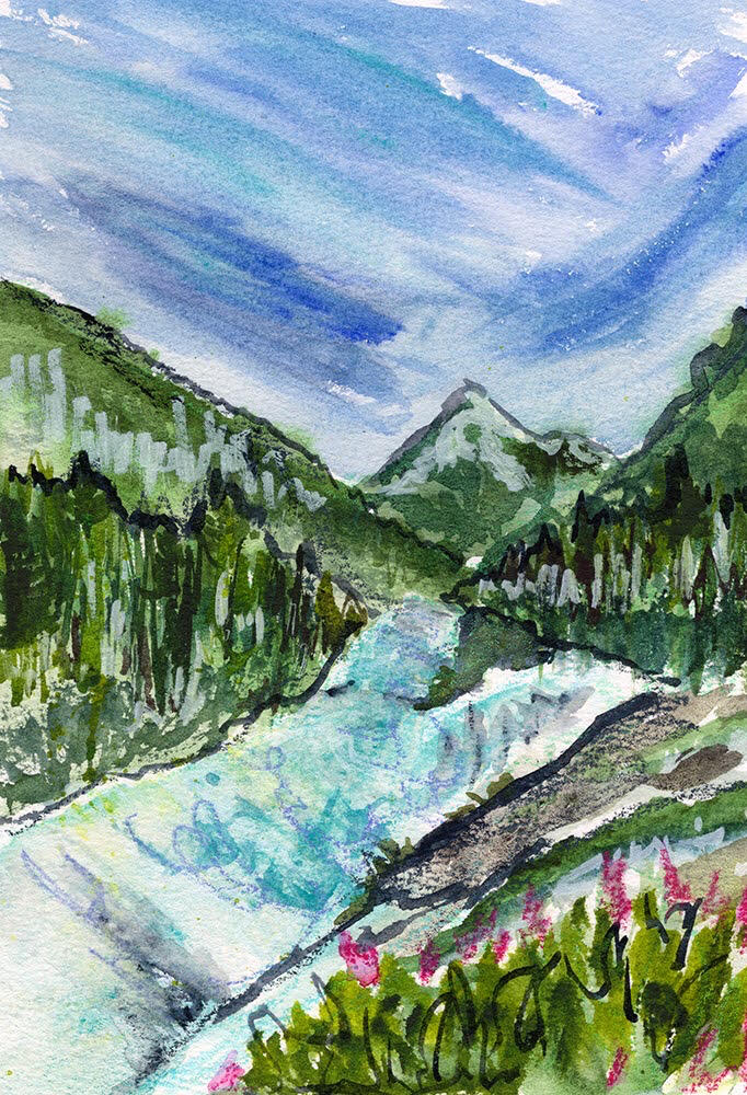 white pass watercolor and crayon The flowing waters of the White Pass Fork, painted from the train