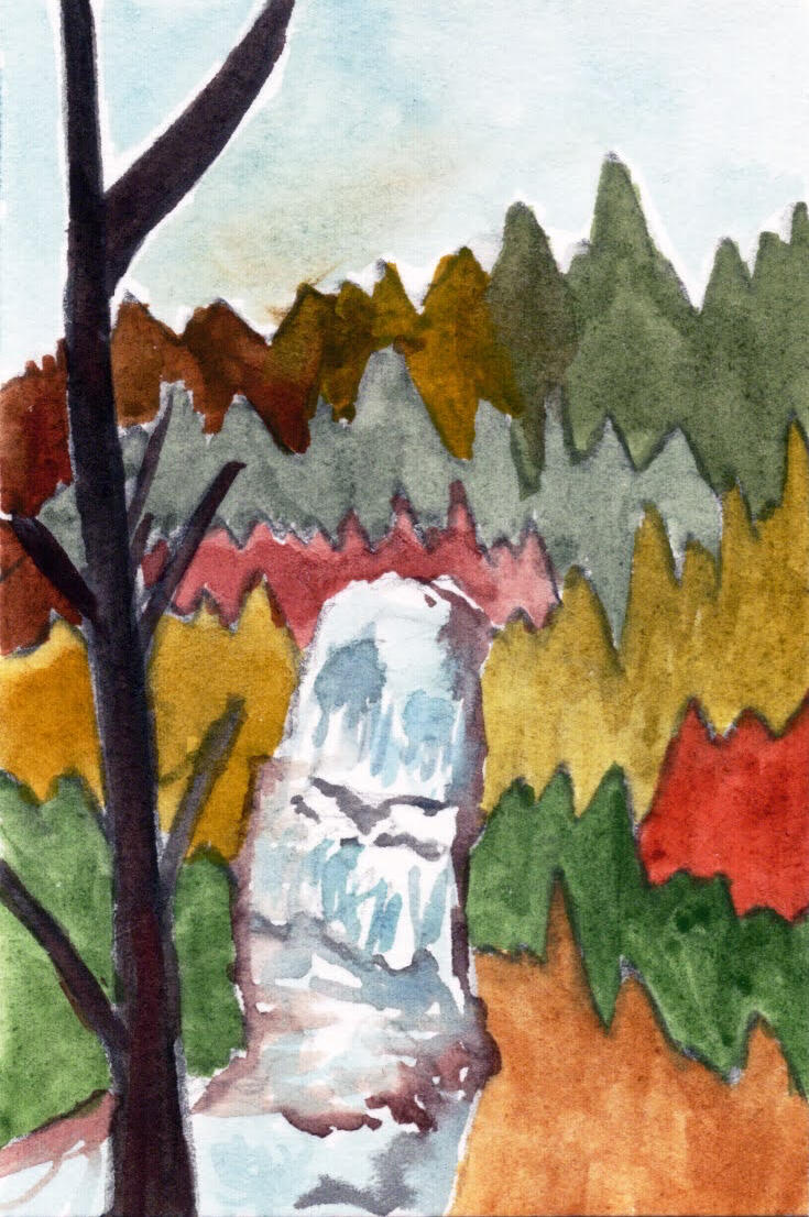 Tallulah Falls color harmony watercolor on hot press cotton With no mixing tray on the trail, this was done without cleaning the brush between colors.