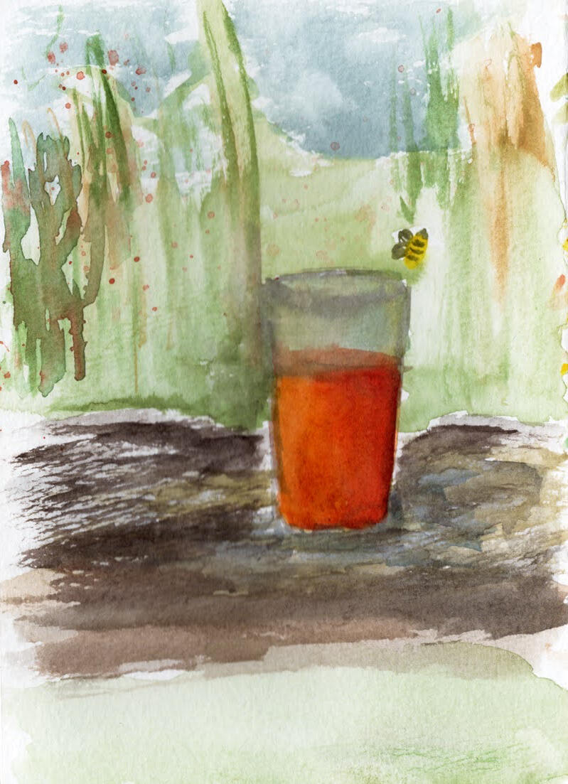 A bee at the brewery watercolor on cold press Currahee Brewing, overlooking the Little Tennessee River.