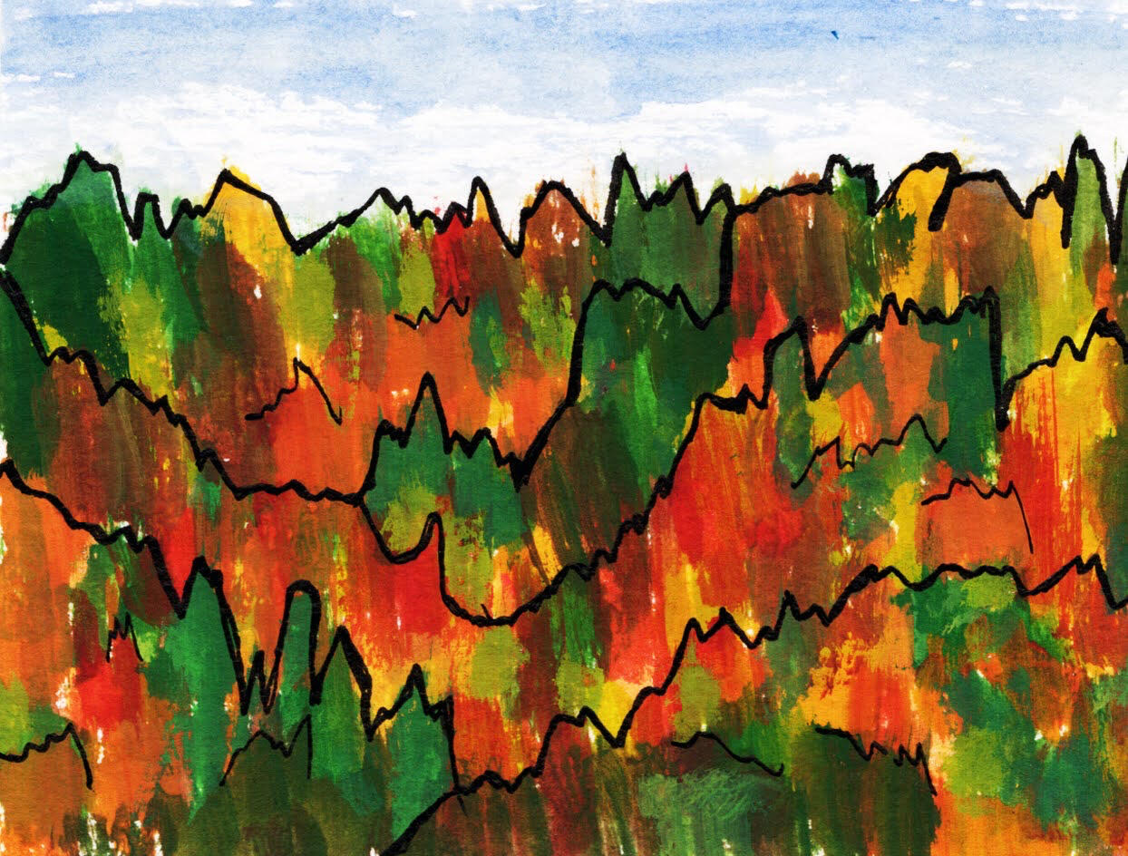 Changing of the leaves, Franklin, NC gouache and ink on bamboo The thick layers of multicolored trees inspired me to try gouache to capture the scene.