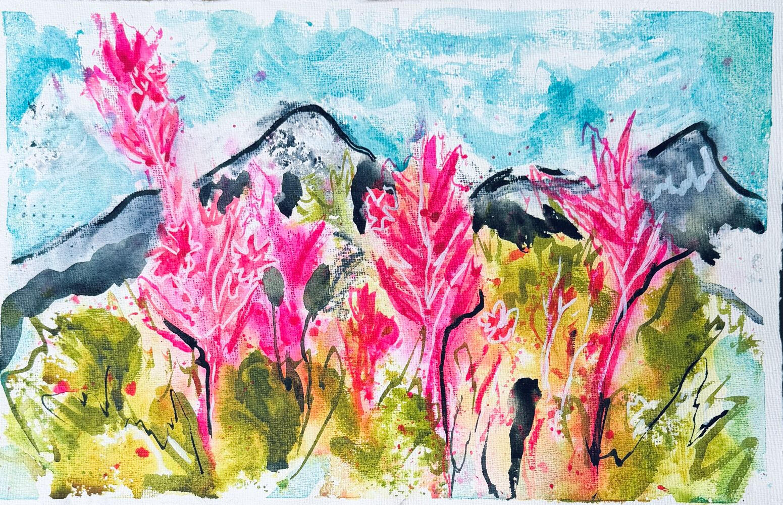 full of color watercolor, ink, and crayon Capturing the intense colors on display during the Yukon summer.
