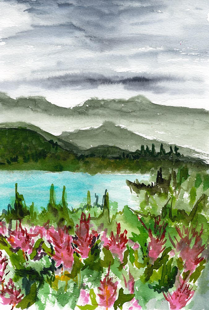 tutshi lake watercolor Bright, emerald waters from the alpine snow melt and fireweed patches along the overlook